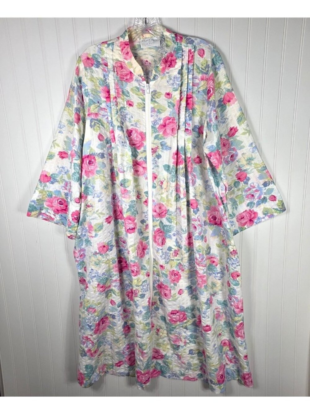 Vintage Miss Elaine Robe Women XL Floral Cotton Seersucker Zip Kaftan Pleats USA
